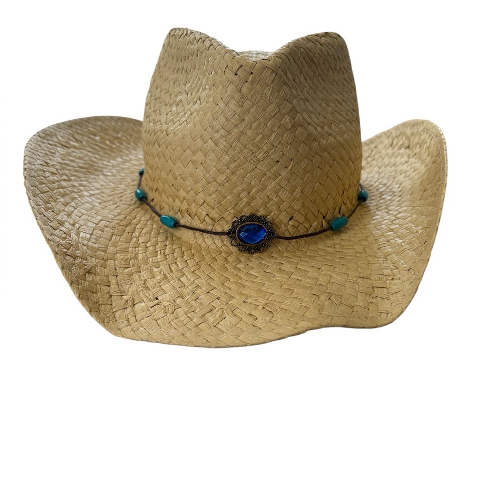 Straw Cowboy Hat with Blue Stone Accent